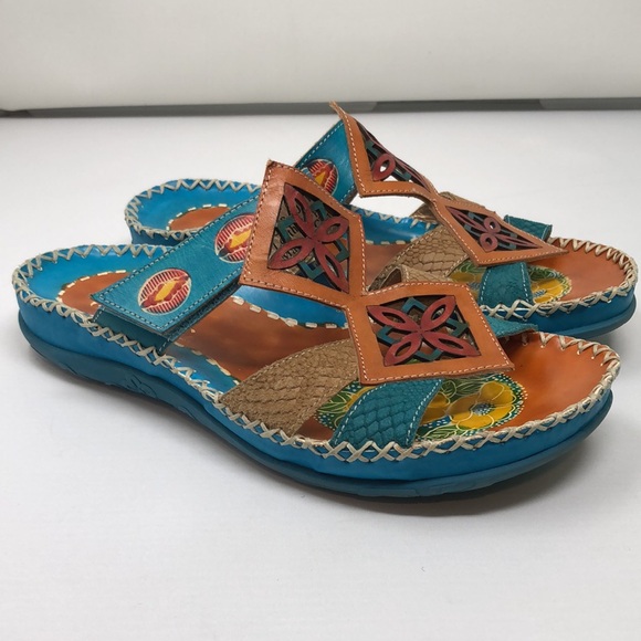 Elite By Corkys Slides Women’s Size 7 Four Points Leather Sandal Turquoise Artsy - Picture 1 of 16
